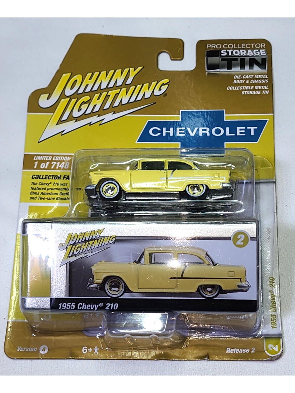 Johnny Lightning 1955 Chevy 210 1/64 Yellow with Storage Tin New